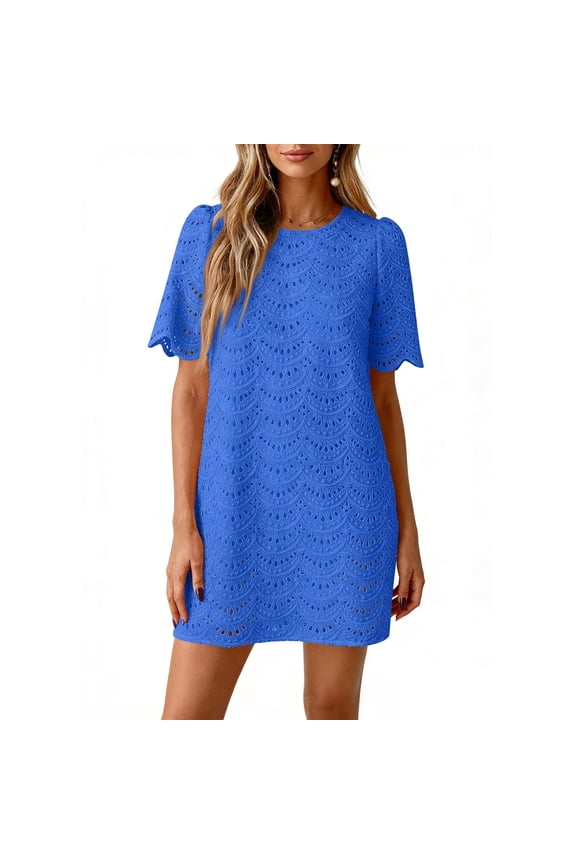 Dresses Women Eyelet Lace Round Neck Short Sleeve Casual Summer Mini Shift Dress