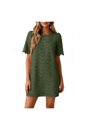 Dresses Women Eyelet Lace Round Neck Short Sleeve Casual Summer Mini Shift Dress