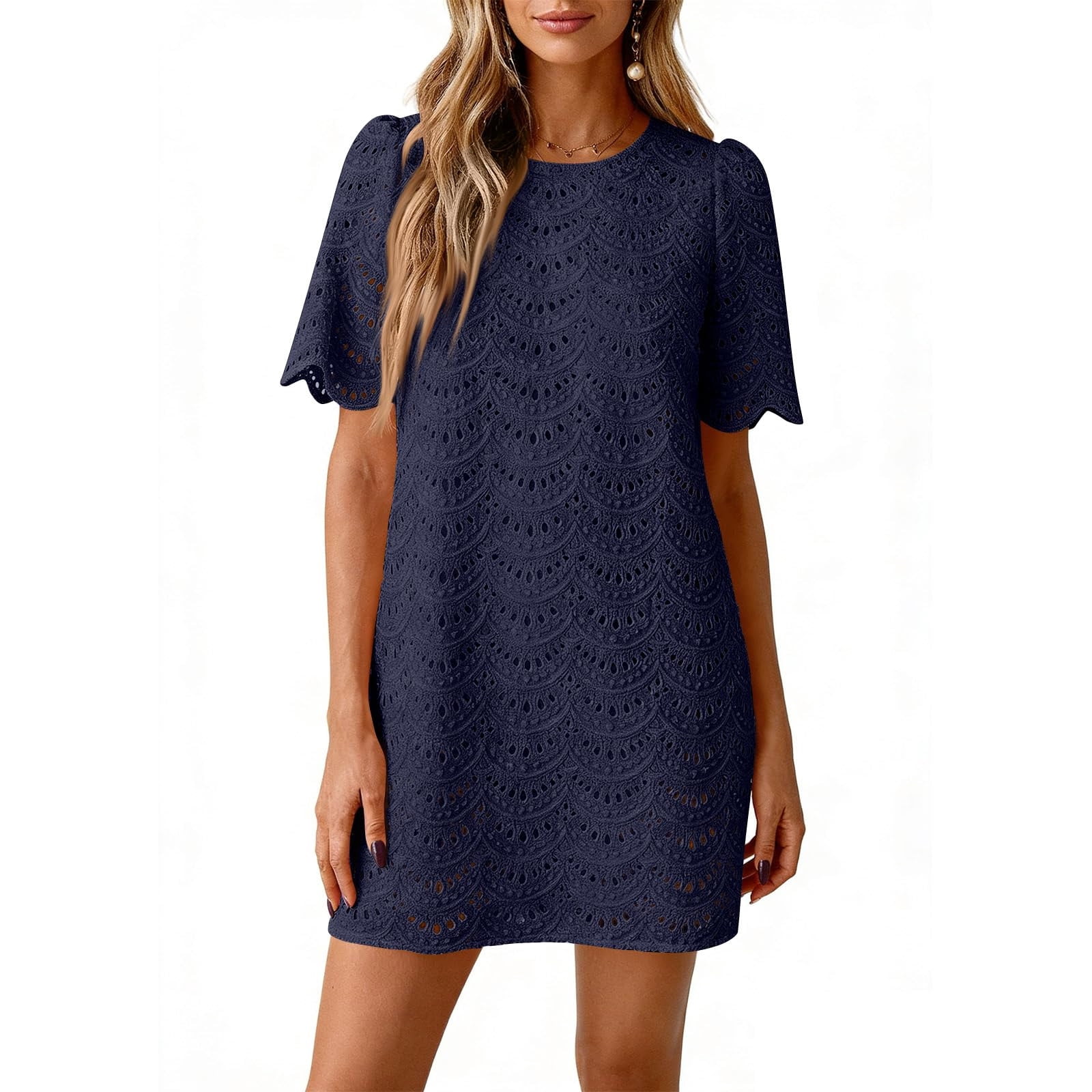 Admvng Dresses Women Eyelet Lace Round Neck Short Sleeve Casual Summer ...