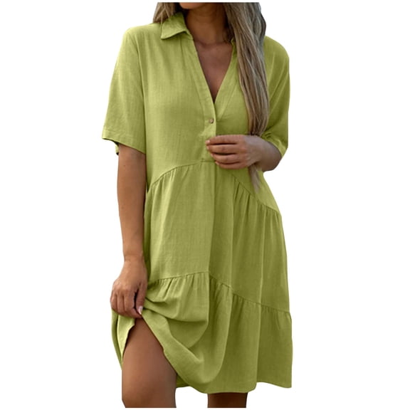 Admvng Dresses for Women 2025 Casual Summer V-Neck Solid Color Midi Sundresses with Pockets S-5XL