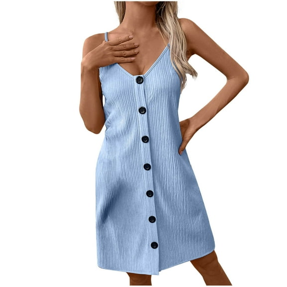 Admvng Dresses for Women 2025 Elegant Classy Solid Color V-neck Sexy Suspender Button Up Dress S-2XL