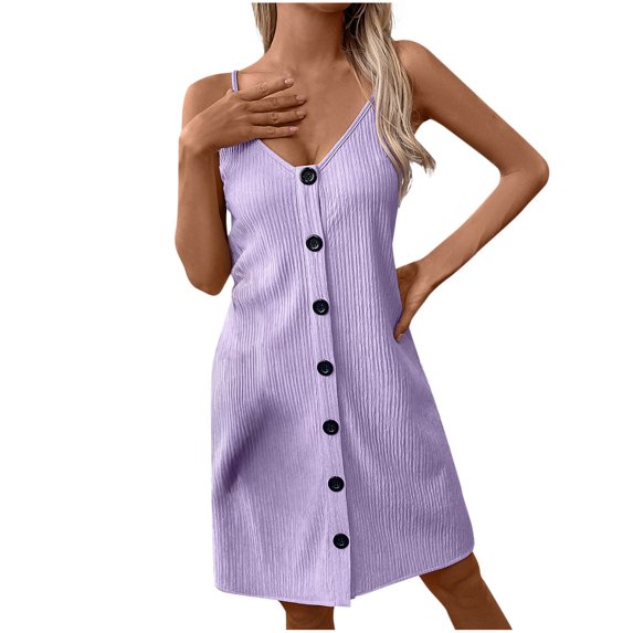 Admvng Dresses for Women 2025 Elegant Classy Solid Color V-neck Sexy Suspender Button Up Dress S-2XL