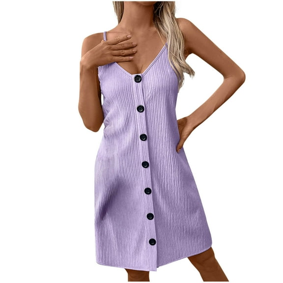 Admvng Dresses for Women 2025 Elegant Classy Solid Color V-neck Sexy Suspender Button Up Dress S-2XL