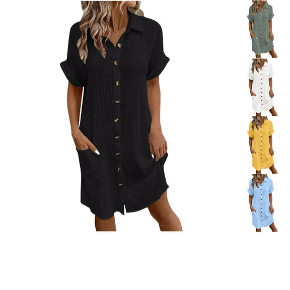 Admvng Dresses for Women 2025 Elegant Classy V-Neck Button Down Short Sleeve Casual Midi Dress with Pocket S-2XL