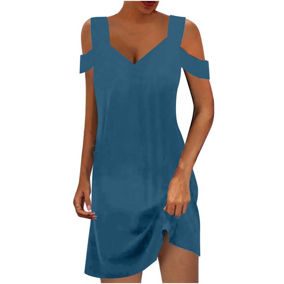 Admvng Dresses for Women 2025 Elegant Classy V-Neck Loose Solid Short Sleeve Strapless Mini Dress S-2XL