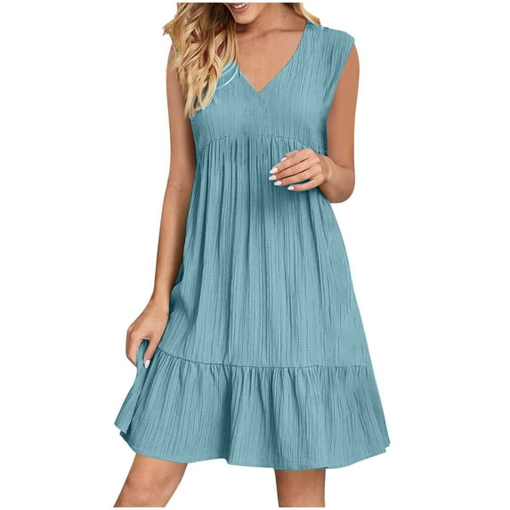Admvng Dresses for Women 2025 Elegant Classy V-Neck Solid Color Sleveless Pleated Midi Sundress S-2XL