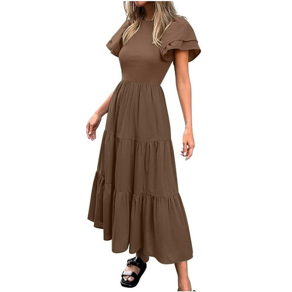 Admvng Dresses for Women Fashion Sexy Solid Short Sleeve Round Neck Pleated Dresses Ankle Dress Long Dress S-2XL