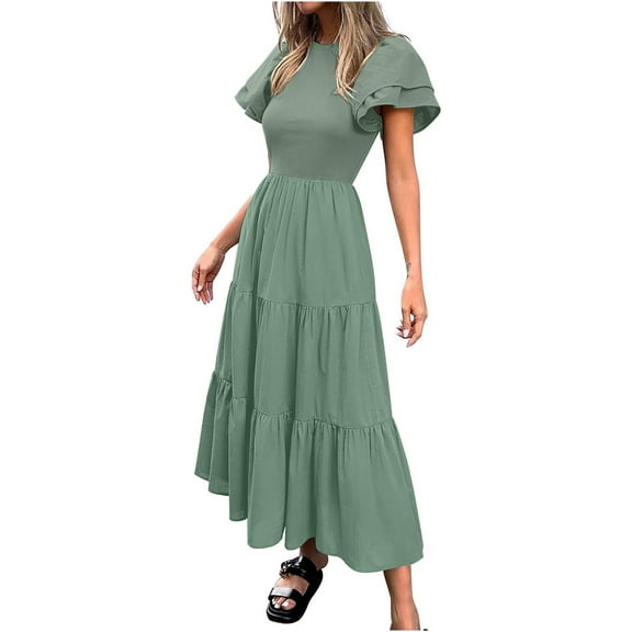 Admvng Dresses for Women Fashion Sexy Solid Short Sleeve Round Neck Pleated Dresses Ankle Dress Long Dress S-2XL