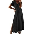 thumbnail image 1 of Admvng Dresses for Women Fashion V-Neck Loose Short Sleeve Solid Loose Split Long Vacation Dress S-2XL, 1 of 5