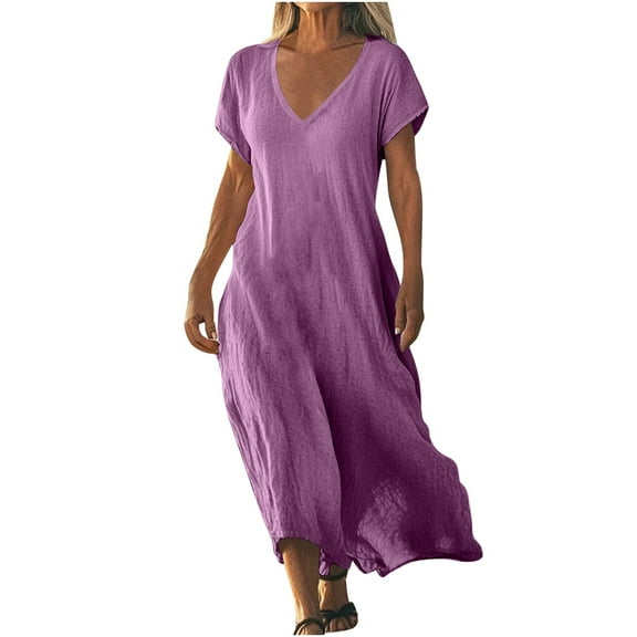 Admvng Dresses for Women Plus Size Solid Color V-neck Cotton Linen Short Sleeved Long Dress S-5XL
