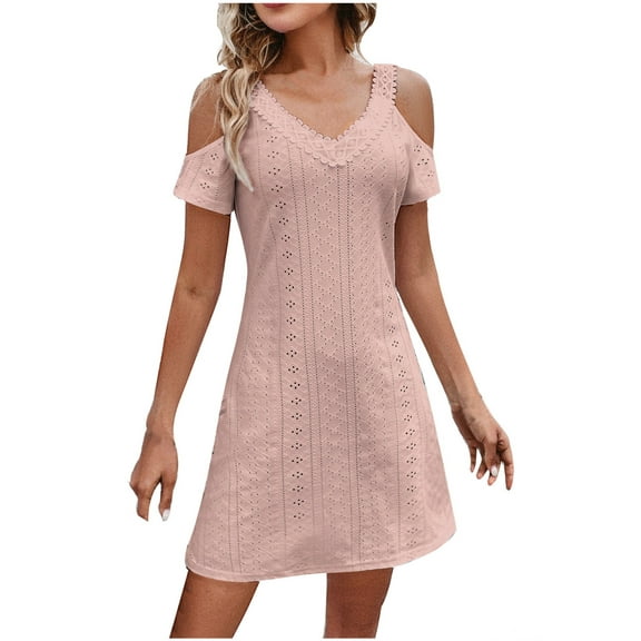 Admvng Dresses for Women V-neck Lace Off Shoulder Slim Short Sleeve Dress S-2XL