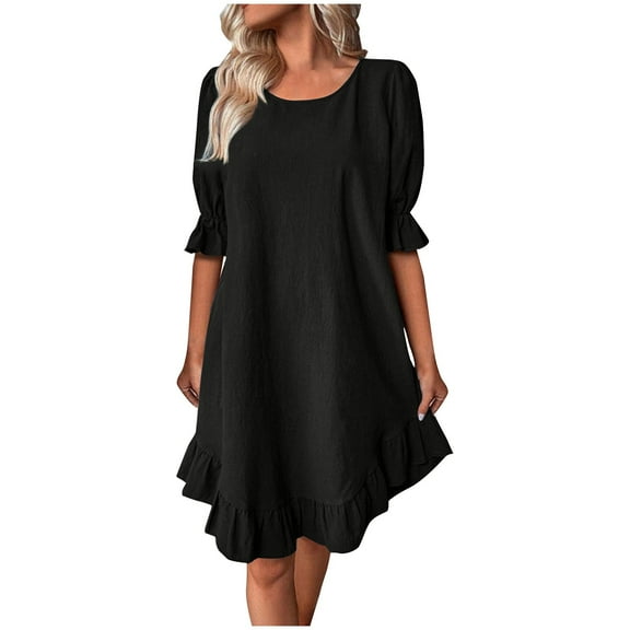 Admvng Dresses for Women and Linen Mid Sleeve Round Neck Solid Color Loose Dress S-3XL