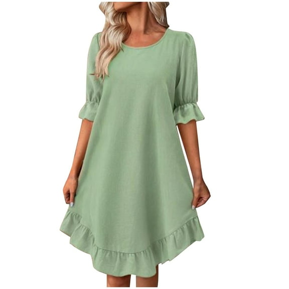 Admvng Dresses for Women and Linen Mid Sleeve Round Neck Solid Color Loose Dress S-3XL