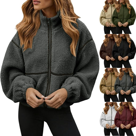 Admvng Fall Jackets for Women Casual Lapel Full Zip Fleece Jacket Long Sleeve Oversized Warm Winter Outwear with Pockets S-2XL