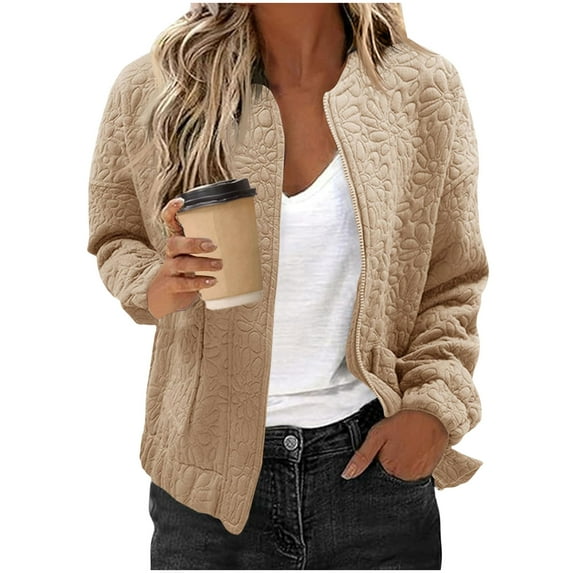 Admvng Fall Jackets for Women Solid Color Long Sleeves Blouse Casual Zipper Quilted Jackets for Women S-2XL