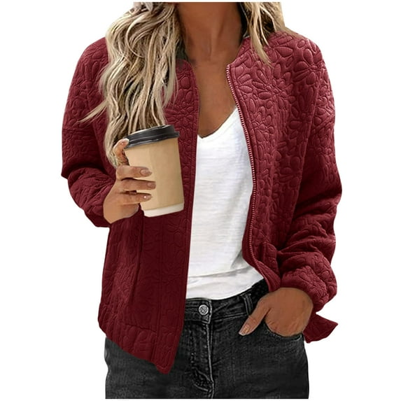 Admvng Fall Jackets for Women Solid Color Long Sleeves Blouse Casual Zipper Quilted Jackets for Women S-2XL