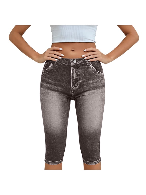 Faux Denim Capris for Women High Waist Stretchy Cropped Workout Pants
