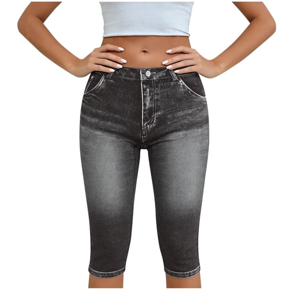 Admvng Faux Denim Capris for Women High Waist Stretchy Cropped Workout Pants