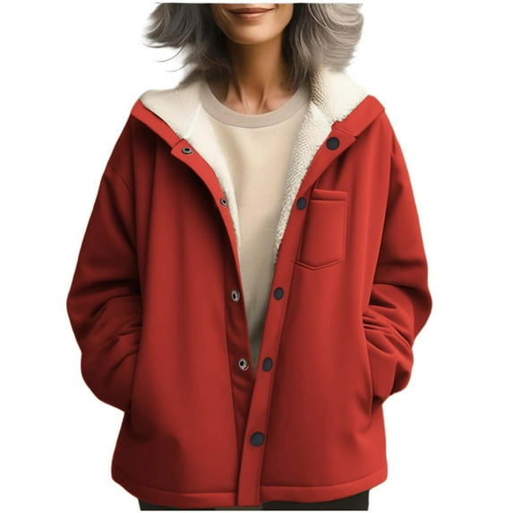 Admvng Fleece Jacket Women Solid Color Composite Velvet Lining Fleece Warm Button Chest Long Sleeved Hooded with Pocket,Sizes S-2XL