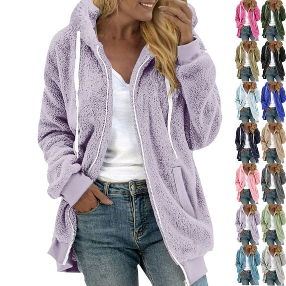 Admvng Fleece Jacket Women Warm Winter Zipper Fleece Casual Long Sleeve Hooded Coat Outwear with Pockets S-5XL