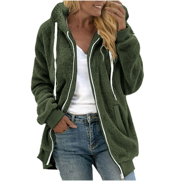 Admvng Fleece Jacket Women Warm Winter Zipper Fleece Casual Long Sleeve Hooded Coat Outwear with Pockets S-5XL
