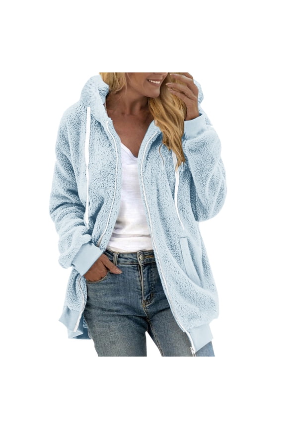 Fleece Jacket Women Warm Winter Zipper Fleece Casual Long Sleeve Hooded Coat Outwear with Pockets S-5XL