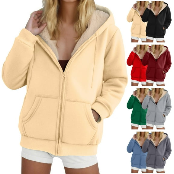 Admvng Fleece Jacket Women Winter Warm Casual Long Sleeve Hooded Solid Sweatshirt Coat,Sizes S-2XL