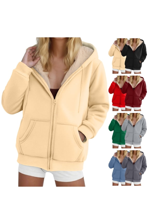 Admvng Fleece Jacket Women Winter Warm Casual Long Sleeve Hooded Solid Sweatshirt Coat,Sizes S-2XL
