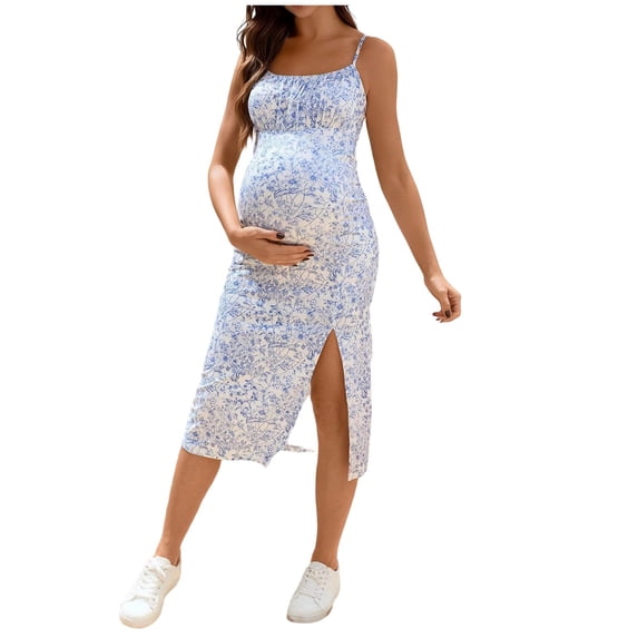 Admvng Floral Spaghetti Strap Maternity Midi Dress Side Slit Bodycon Pregnancy Dress