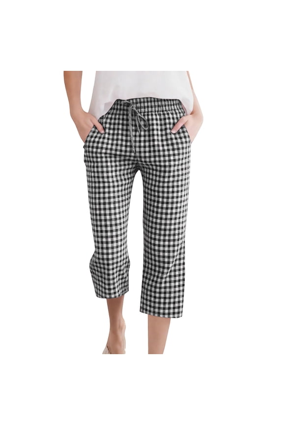 Gingham Capris Pants Plus Size Drawstring Elastic Waistband Solid Summer Cropped Pants with Pocket