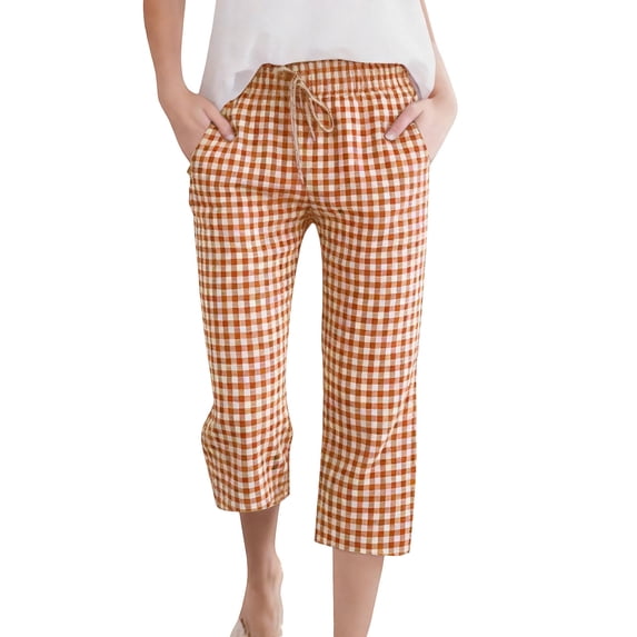 Admvng Gingham Capris Pants Plus Size Drawstring Elastic Waistband Solid Summer Cropped Pants with Pocket