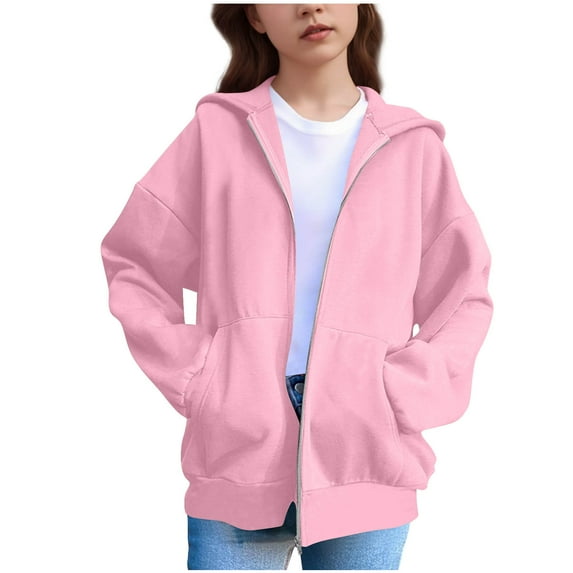 Admvng Girls Jacket Solid Color Long Sleeved Casual Sports Hoodie Zipper Hooded Top with Shoulder Inserts, Size 120-170