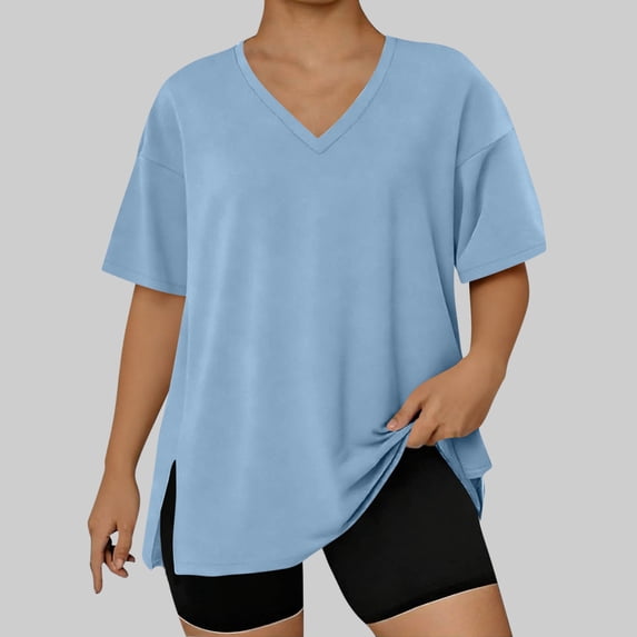 Admvng Going Out Tops For Women Plus Size Solid Color Hem Slit Short Sleeved V-Neck Pullover Fashionable Summer Tops L-5XL