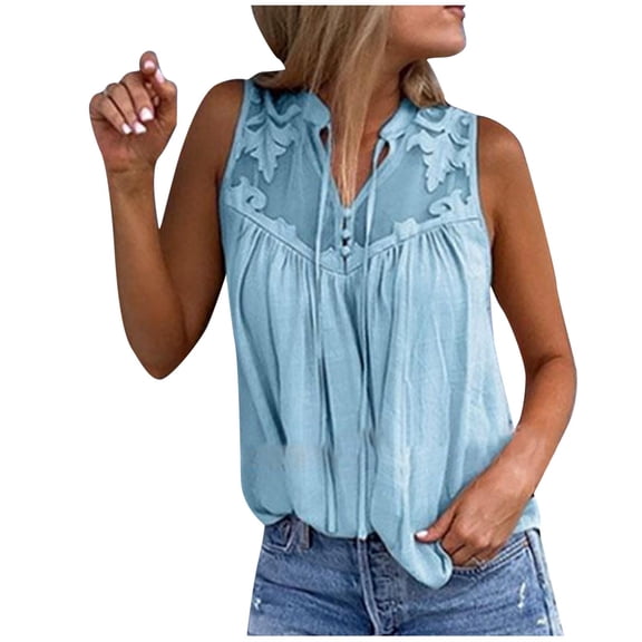 Admvng Going Out Tops Spring And Summer Temptation Solid Color Chiffon Stitching Lace V-neck Sleeveless Shirt Top S-5XL
