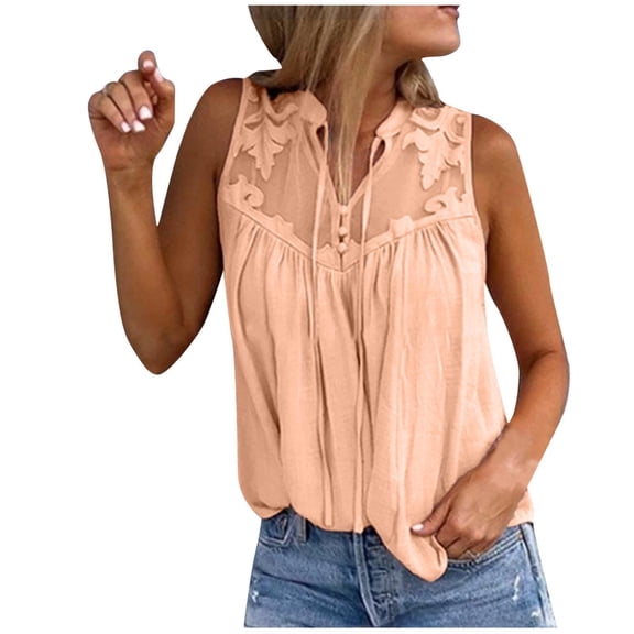 Admvng Going Out Tops Spring And Summer Temptation Solid Color Chiffon Stitching Lace V-neck Sleeveless Shirt Top S-5XL
