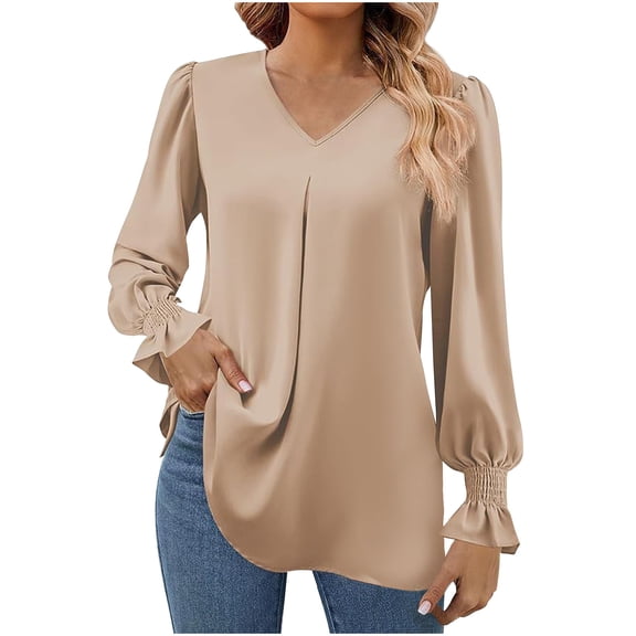 Admvng Going Out Tops for Women Casual Puff Sleeve Long Sleeves V-Neck Textured Loose Fit Work Office Blouse Tunics S-2XL
