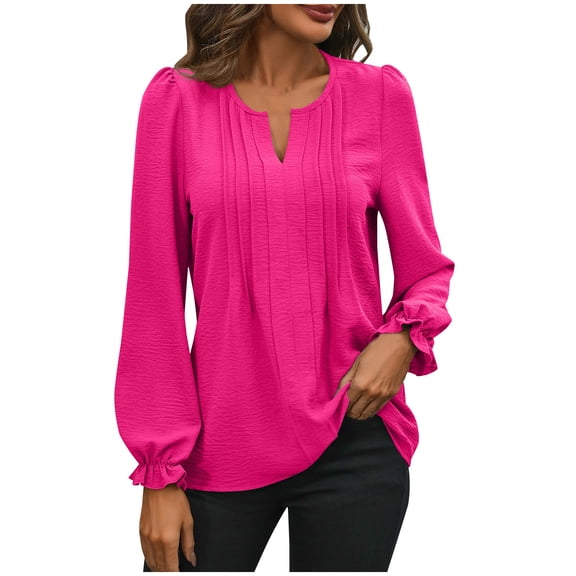Admvng Going Out Tops for Women Long Sleeve Summer Solid V-neck Puff Sleeve Pleated Casual Regular Pullover Top S-2XL