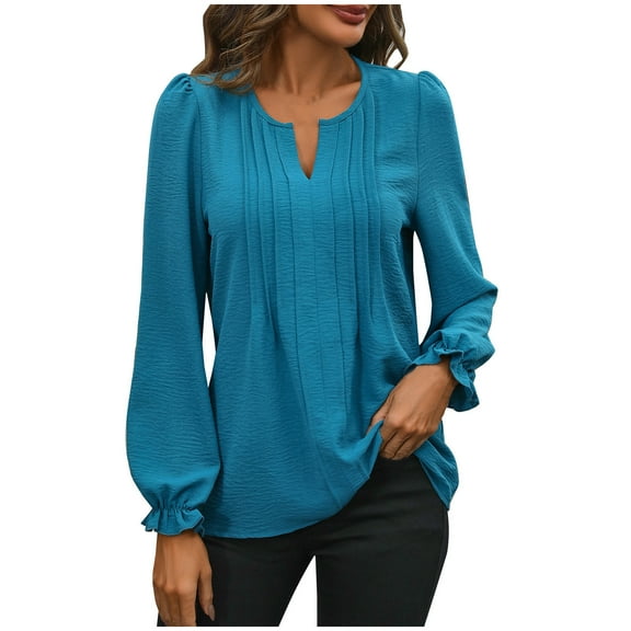 Admvng Going Out Tops for Women Long Sleeve Summer Solid V-neck Puff Sleeve Pleated Casual Regular Pullover Top S-2XL
