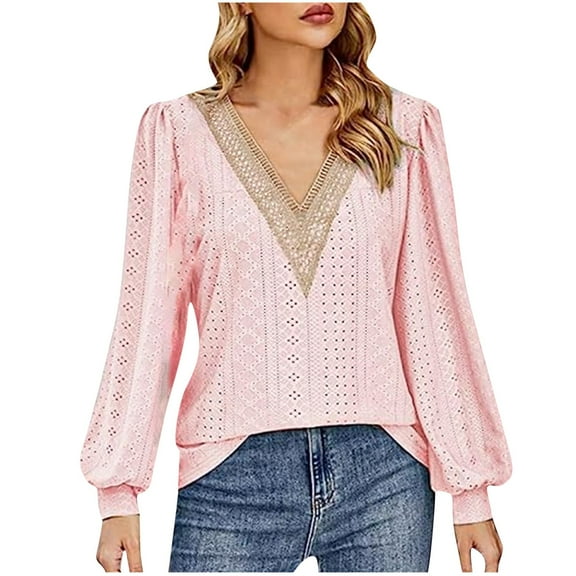Admvng Going Out Tops for Women Loose V-Neck Printed Lace Patchwork Long Sleeve Sexy Blouse Women's Clothing S-2XL