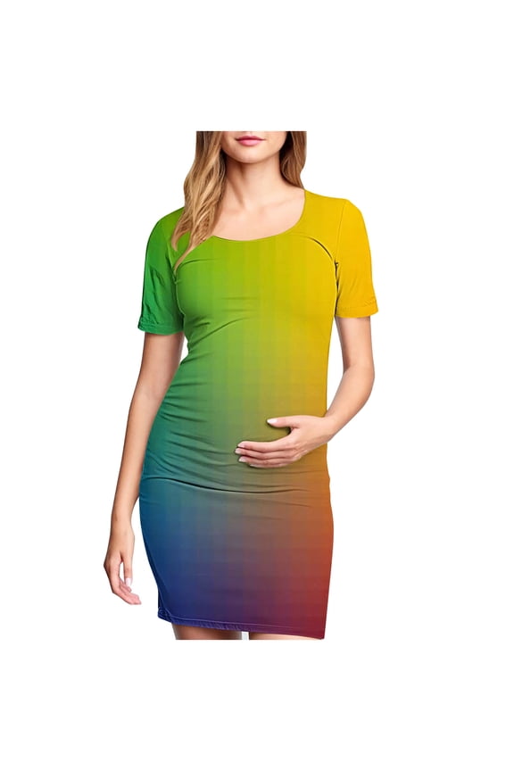 Gradient Ombre Maternity Dress Short Sleeve Bodycon Ruched Pregnancy Mini Dress