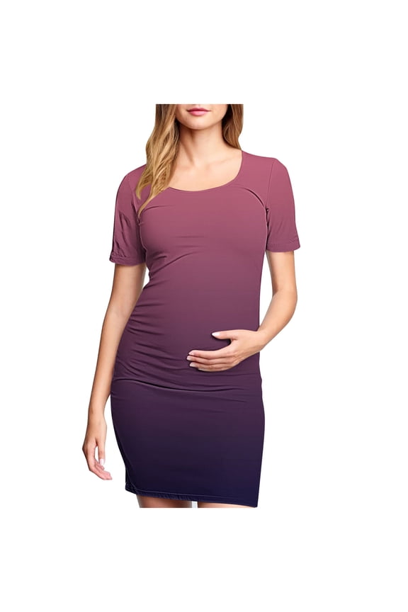 Gradient Ombre Maternity Dress Short Sleeve Bodycon Ruched Pregnancy Mini Dress