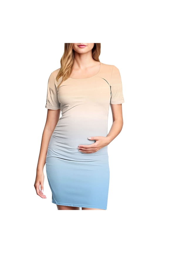 Gradient Ombre Maternity Dress Short Sleeve Bodycon Ruched Pregnancy Mini Dress