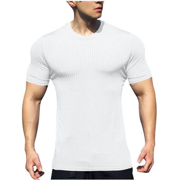 Admvng Gym Shirts Men Summer Casual Solid Color Round Neck Short Sleeved Breathable Slim Fit Shirts for Men S-3XL
