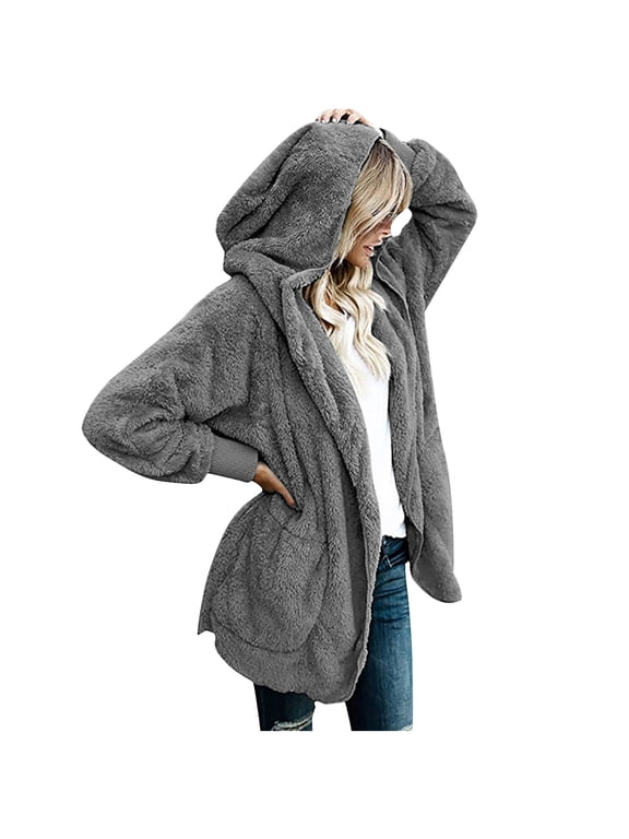 Hooded Sherpa Cardigan for Women Plus Size Open Front Mid Length Bubble Sleeve Fuzzy Teddy Fleece Coat with Pockets