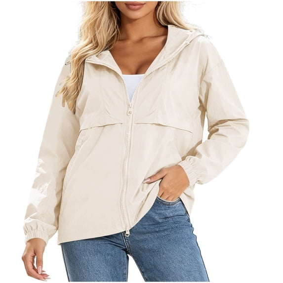Admvng Hooded Windbreaker Jacket for Women Lightweight Zip Up Side Pocket Long Sleeve Casual Outdoor Coat