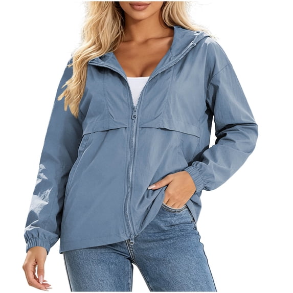 Admvng Hooded Windbreaker Jacket for Women Lightweight Zip Up Side Pocket Long Sleeve Casual Outdoor Coat