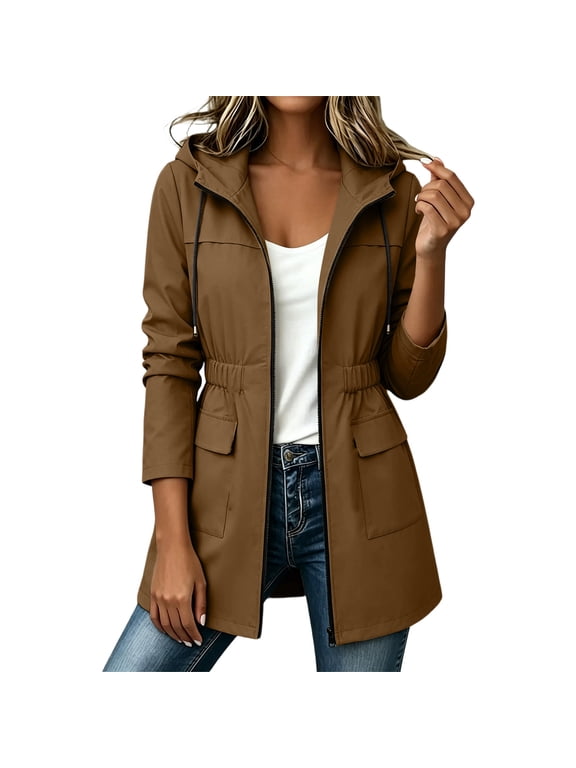 Hooded Windbreaker for Women Drawstring Waist Waterproof Rain Jacket Lightweight Outdoor Mid-Length Wind Coat