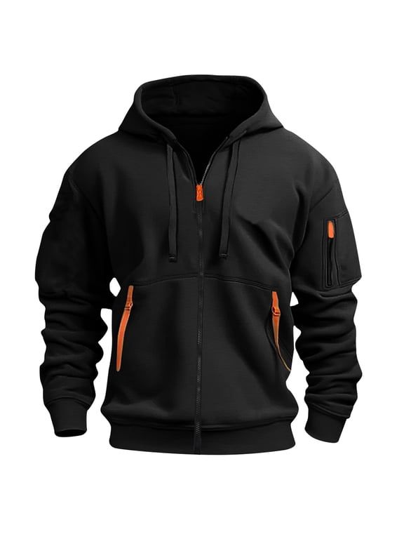 Hoodies for Men Cargo Solid Color Multiple Pockets Sports Ditness Training Long Sleeved Hooded Casual Jacket, Size S-4XL