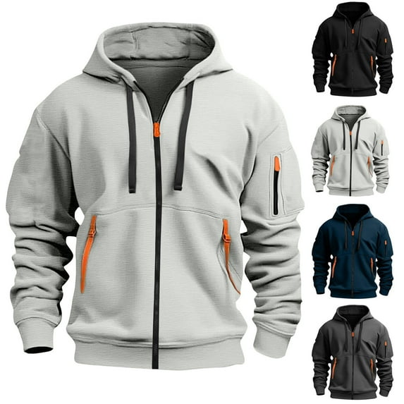Admvng Hoodies for Men Cargo Solid Color Multiple Pockets Sports Ditness Training Long Sleeved Hooded Casual Jacket, Size S-4XL