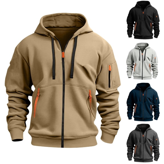 Admvng Hoodies for Men Cargo Solid Color Multiple Pockets Sports Ditness Training Long Sleeved Hooded Casual Jacket, Size S-4XL